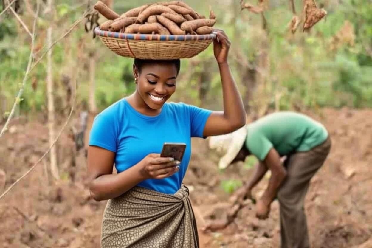 Nigerian woman farmer using mobile phone for ClaimAm